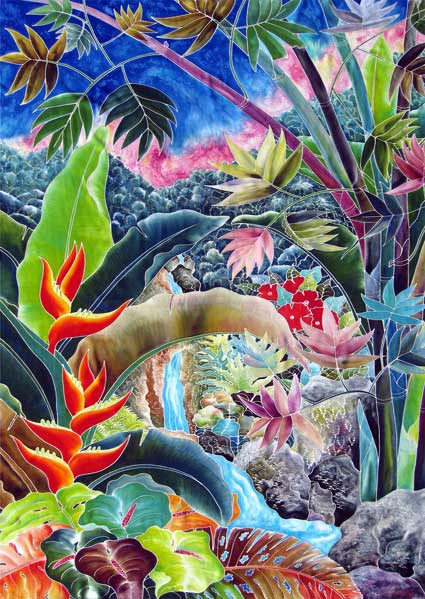 Richly Textured and Intricately Hand-Painted Lush Jungle Waterfall Sarong