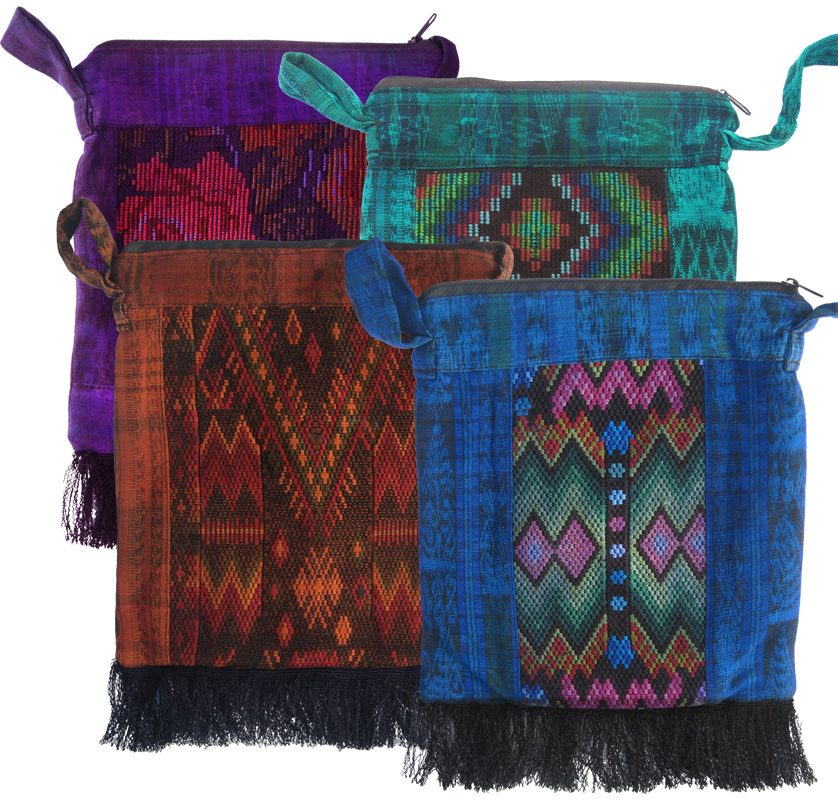 Over-Dyed Huipil Shoulder Bag with Fringe, 9 x 8 inches