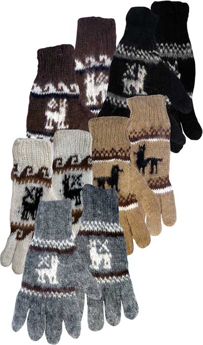 Alpaca Gloves with Knit Llama Pattern in natural brown, black, grey, and white