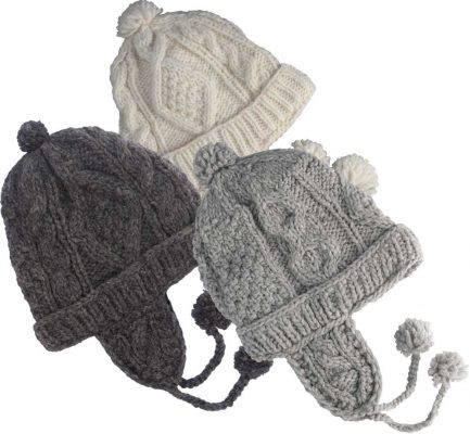 100% Wool Cable Knit Cap with Earflaps and Polar Fleece Lining