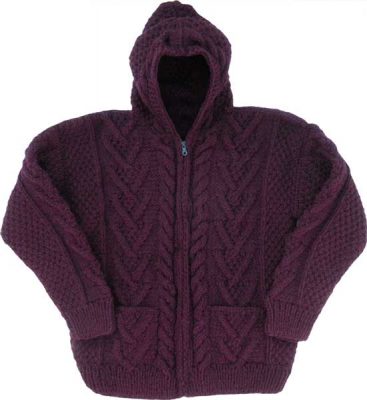 Plum Cable Knit Wool Sweater with Zipper & Hood