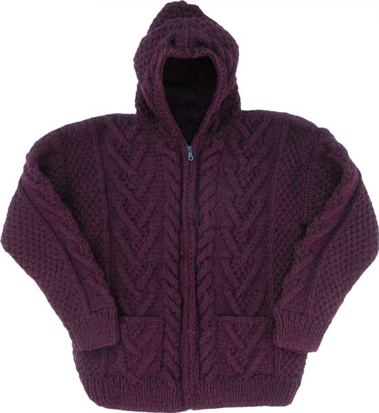Plum Cable Knit Wool Sweater with Zipper & Hood