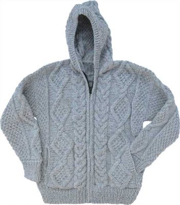 Light Gray Cable Knit Wool Sweater with Zipper & Hood