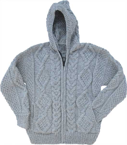 Light Gray Cable Knit Wool Sweater with Zipper & Hood