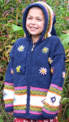 Blue Flowered Child`s Cardigan with Pointy Hood