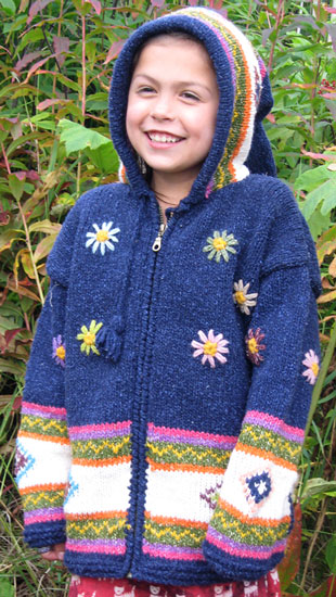 Blue Flowered Child`s Cardigan with Pointy Hood