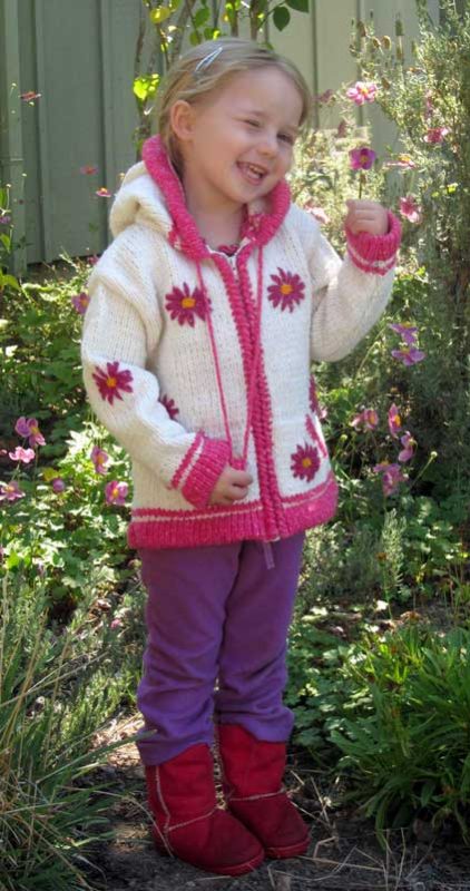 White Child`s Cardigan with Pointy Hood