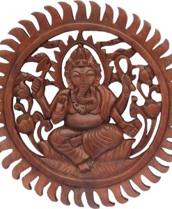 Wood Ganesh Mandala carved from Rain Tree Wood, 12 inches