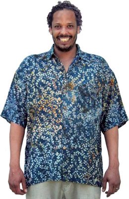 Balinese Batik Shirt for Men in Orange, Green & Teal Floral Batik