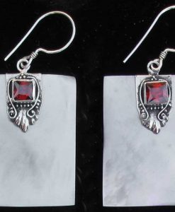 Rectangular Mother of Pearl and Sterling Silver Earrings with Garnet Cabochon
