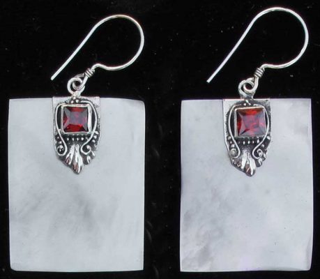 Rectangular Mother of Pearl and Sterling Silver Earrings with Garnet Cabochon