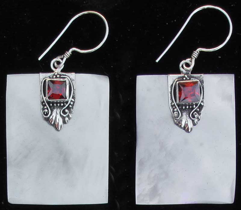 Rectangular Mother of Pearl and Sterling Silver Earrings with Garnet Cabochon