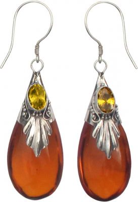 Amber Color Glass, Stone and Sterling Silver Drop Earrings