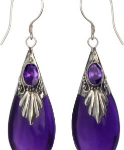 Purple Glass, Stone and Sterling Silver Drop Earrings