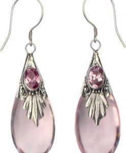 Rose Quartz Color Glass, Stone and Sterling Silver Drop Earrings