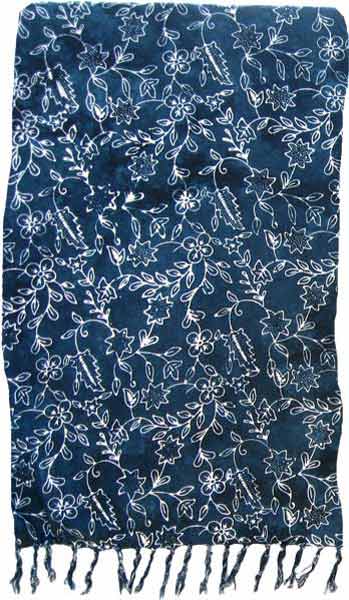 Deep Blue Teal & White Floral Artisan Batik Sarong