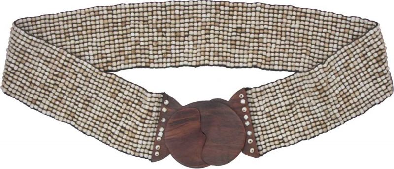 Cream Beaded Belt with Wood Buckle