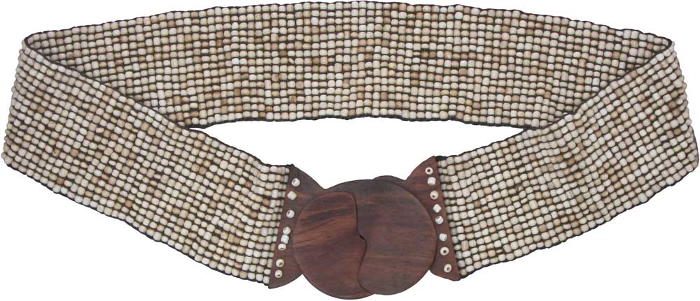 Cream Beaded Belt with Wood Buckle
