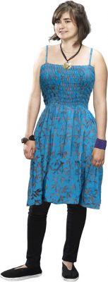 Elastic Bodice Spaghetti Strap Dress in Turquoise Blades of Grass Batik, One Size